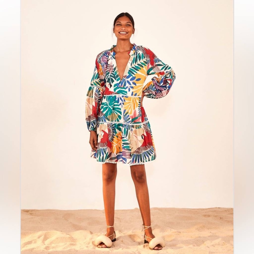 Farm Rio Off White Macaw Puff Sleeve Dress Medium